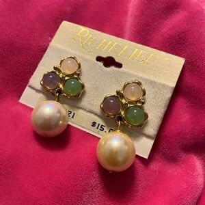 Richelieu Pink, Purple, Green Stone Faux Pearl Dangle Earrings